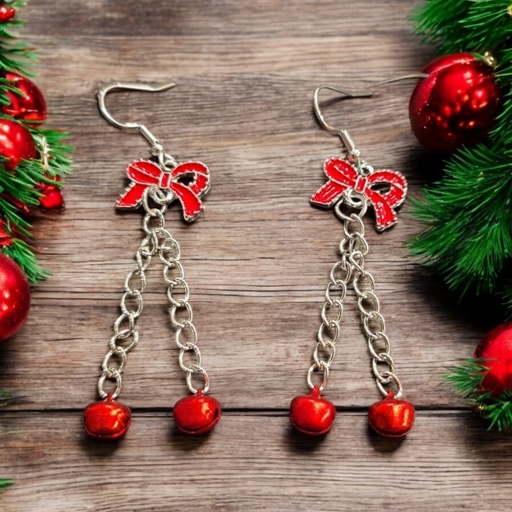 Holiday Festive Bow Bell Dangle Earrings